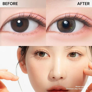 Before and after eye comparison with EyeCandys Doonoon Jinju Beads Grey contact lens, with model wearing the lenses below. Natural grey cosmetic and prescription color contacts for soft eye transformation
