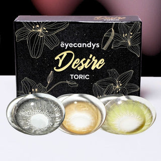 Macro shot of EyeCandys Desire Toric Lenses designed for astigmatism. High-quality lenses offering sharp vision, vibrant color enhancement, and all-day comfort. Perfect for correcting astigmatism with style