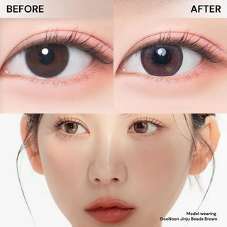 Before and after eye comparison with EyeCandys Doonoon Jinju Beads Brown contact lens, with model wearing the lenses below. Natural brown cosmetic and prescription color contacts for soft, natural eye transformation
