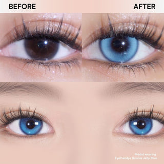 Model’s eye before and after wearing Eyecandys Bunnie Jelly Blue prescription colored contact lenses, natural blue eyes look