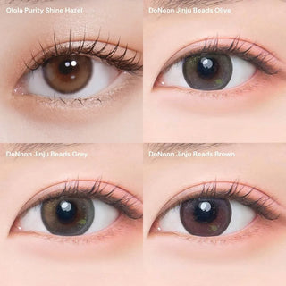 Eye collage featuring EyeCandys Olola Purity Shine Hazel and Doonoon Jinju Beads color contact lenses in Olive, Grey, and Brown. Soft, natural cosmetic and prescription lenses for eye transformation