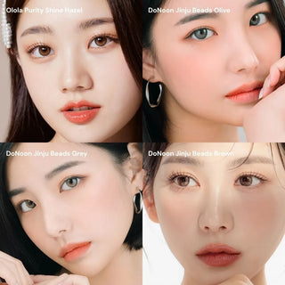 collage of models wearing EyeCandys Olola Purity Shine Hazel and Doonoon Jinju Beads Olive, Grey, and Brown colored contact lenses. Natural-looking cosmetic and prescription lenses for subtle eye enlargement and beauty enhancement