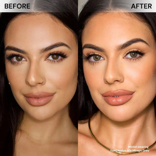 EyeCandys Isla Mirage Grey prescription colored contact lenses before-and-after on model’s face, creating a soft yet realistic grey eye effect