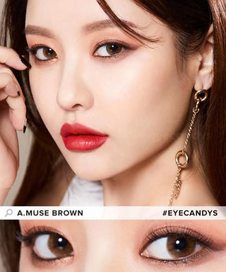 Model showcasing the natural look using Olola Amuse Brown (KR) prescription color contacts, above a closeup of a pair of eyes transformed by the color contact lenses