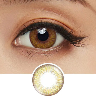 A close-up of a brown eye wearing Acuvue Define Fresh Hazel (30pk) by Acuvue, with a circular inset highlighting the lens design. These daily disposables enhance your look with vibrant, natural color.