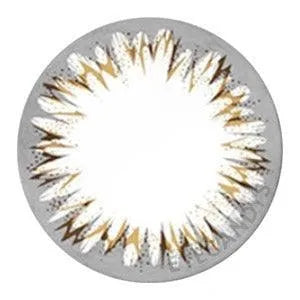 Closeup of Acuvue Define Radiant Natural Shine Brown prescription color contact lens (circle lens) design, showcasing a dark limbal ring, on a white background.