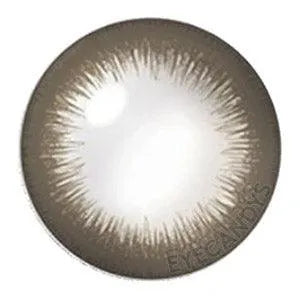 Closeup of Acuvue Define Radiant Sweet Choco prescription color contact lens (circle lens) design, showcasing a dark limbal ring, on a white background.