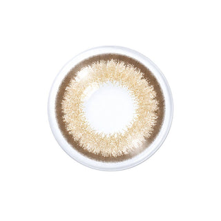 Closeup of a brown acuvue color contact lens (circle lens) design, showcasing a light brown limbal ring, on a white background.