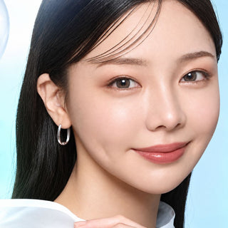 Model wearing Acuvue sheer allure, above a closeup of her eyes wearing contact lenses.