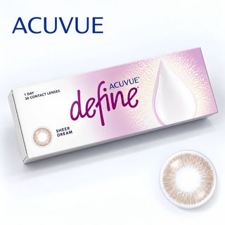 EyeCandys Acuvue Define Sheer Allure contact lenses product packaging, featuring the branded box for natural-looking colored contact lenses.