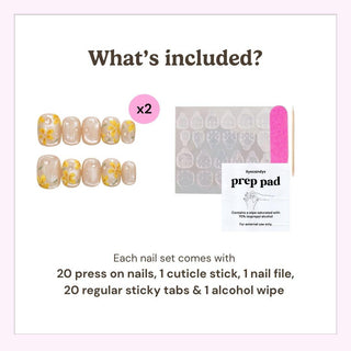 Image of EyeCandys After Rain Press-On Nails: 20 handmade yellow floral nails with sticky tabs, a pink nail file, and an alcohol prep pad. Reusable for a salon-quality gel manicure look at home. Includes all tools and tabs.