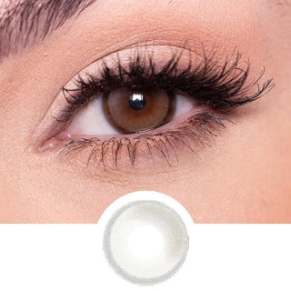 EyeCandys Amelie Grey prescription colored contact lenses on dark eyes next to a cutout of the lens design