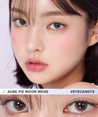 Asian model demonstrating a K-idol-inspired look with Chuu Aube Pie Moon Beige (10pk) coloured contact lenses, highlighting the instant brightening and enlarging effect of the circle contact lenses over dark irises.