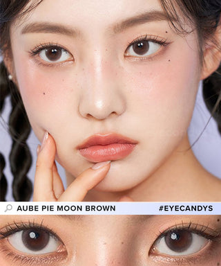 Asian model demonstrating a K-idol-inspired look with Chuu Aube Pie Moon Brown (10pk) coloured contact lenses, highlighting the instant brightening and enlarging effect of the circle contact lenses over dark irises.