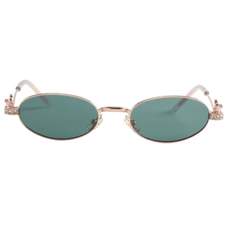 Eyecandys Auden sunglasses in Rose Gold Green featuring elegant green-tinted oval lenses, crystal-studded temples, and a sleek rose gold metal frame – perfect for vintage-inspired style, UV protection, and prescription lens options.