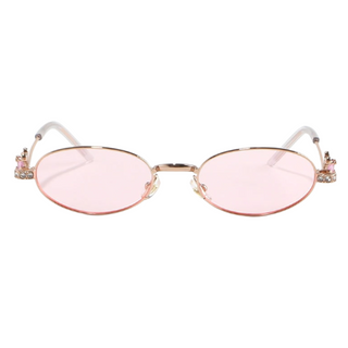 Eyecandys Auden sunglasses in Rose Gold Pink with soft pink-tinted oval lenses, delicate rose gold metal frame, and crystal-embellished temples – perfect for Y2K fashion, light UV protection, and prescription customization.