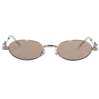Eyecandys Auden sunglasses in Silver Tea with soft brown-tinted oval lenses, crystal-embellished temples, and slim silver metal frame – perfect for chic daily wear, UV protection, or prescription-ready fashion.