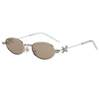 Eyecandys Auden sunglasses in Silver Tea with soft brown-tinted oval lenses, crystal-embellished temples, and slim silver metal frame – perfect for chic daily wear, UV protection, or prescription-ready fashion.