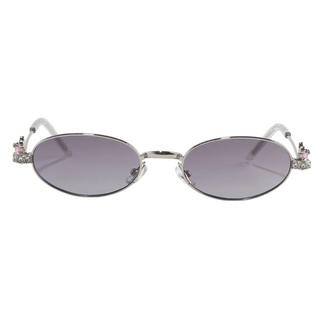 Eyecandys Auden sunglasses in Silvery Dark Grey with sleek oval lenses, crystal temple accents, and slim metal frame – a stylish option for UV protection, polarized lenses, or prescription wear.