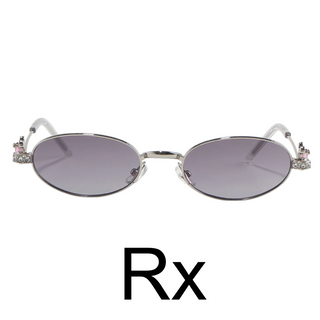 EyeCandys Auden Oval Prescription Sunglasses in Silvery Dark Grey – sleek silver frame with dark grey RX lenses, featuring UV400 protection and optional polarization. Lightweight metal oval design for clear vision, sun protection, and everyday style.