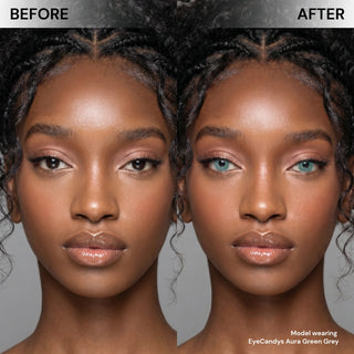 Side-by-side comparison of a woman's face: her left shows natural brown eyes, while her right displays a stunning transformation with EyeCandys Aura Green Grey contact lenses from EyeCandys.