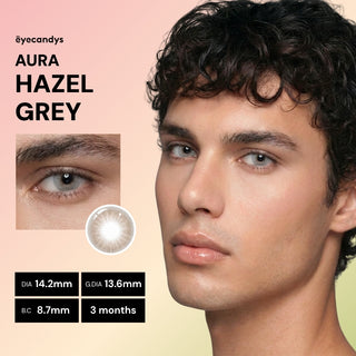 A close-up of a male wearing EyeCandys Aura Hazel Grey contacts, with an inset of her eye and details: diameter 14.2mm, graphic diameter 13.6mm, base curve 8.7mm, lasts 3 months.