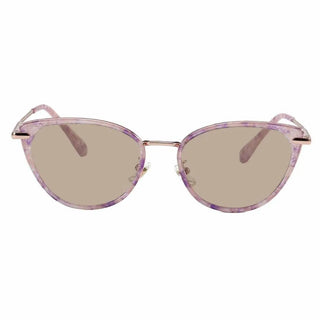 EyeCandys Aura Cat Eye sunglasses feature light purple marbled cat-eye frames, gold accents, and brown tinted lenses. This wide-fit eyewear is shown on a white background for a chic, stylish look.