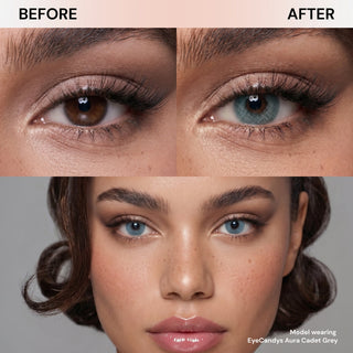 Split image: close-up of a brown eye labeled "Before" and a blue-grey eye labeled "After." Below, a woman wears EyeCandys Aura Cadet Grey contacts. Text reads: "Model wearing EyeCandys Aura Cadet Grey UV blocking contacts.