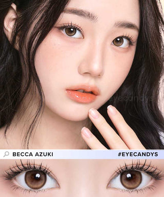 A female model with natural dark eyes wearing One Pick Becca Azuki contact lenses, complemented by subtle eyeshadow and redlipstick and Close-up image showcases the model's eyes adorned with the same brown contact lenses