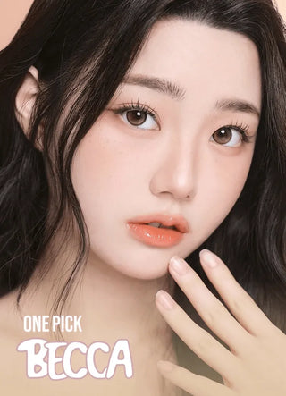 Model with long lashes showcasing Eyecandys Onepick Becca Azuki colored contact lenses – high-quality prescription colored contact lenses for clear vision