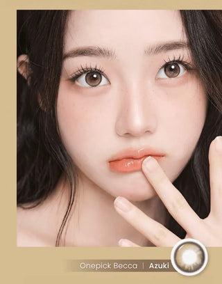 Girl with long lashes and natural make up wearing Eyecandys Onepick Becca Azuki colored contact lenses – prescription colored contact lenses available