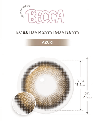 Close-up of Eyecandys Onepick Becca Azuki prescription colored contact lens – BC 8.6, DIA 14.2mm, G.DIA 13.8mm – natural-looking color contact lenses