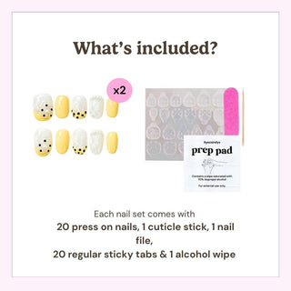 What’s included in the box: 20 press on nails, cuticle stick, nail file, 10 adhesive tabs, and alcohol wipe for easy at-home manicure application.