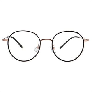 A pair of EyeCandys Banger Round glasses with thin black rims and silver nose pads, embodying the dark academia trend. The black temples have metallic hinges, crafted from titanium and TR. Set against a white background, these eyeglasses become the focal point of the image.