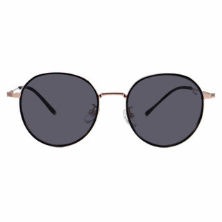 A pair of EyeCandys Banger Round glasses with black-tinted lenses and thin titanium and TR arms. The design is simple and minimalist, with a sleek and modern aesthetic, perfect for the dark academia trend. The nose pads are designed for comfort, and the overall style is classic and unisex.