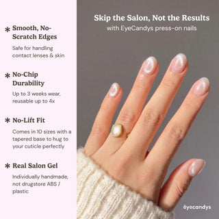 Iridescent nail art with cat eye designs on a white background