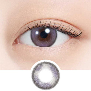 Close-up of model's eye wearing EyeCandys Blueberry Jam contact lenses – vibrant blue shade perfect for cosplay and a bold look. Below: Detailed design of the Blueberry Jam lens showing the rich, layered color