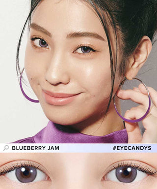 Model's face showing her eyes wearing EyeCandys Blueberry Jam contact lenses – vibrant blue shade perfect for a bold look. Below: Close-up of the model's eyes showcasing the rich, layered blueberry tones of the lens