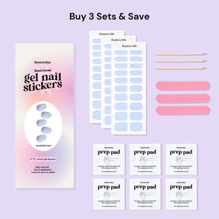 EyeCandys Blueberry Milk Package Set featuring 3 gel nail sticker sets, 6 alcohol pads, 3 nail files, and 3 wooden sticks. Everything you need for an effortless, long-lasting manicure with a soft pastel blue design. Made with a 7-free, allergy-friendly formula, perfect for trendy, spring nails that last 2-3 weeks.