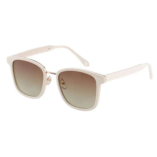 side view of Bon Voyage Square Sunglasses Porcelain sunglasses from EyeCandys on a white background, featuring a sophisticated design with black and gold accents perfect for a modern, elegant style.