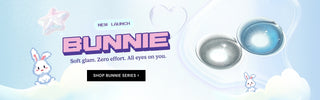 Bunnie contact lenses new launch banner featuring pixel art bunny, holographic star balloon, tagline ‘Soft glam. Zero effort. All eyes on you,’ and gray and blue lenses.