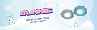 Close-up macro photography of Eyecandys Bunnie Jelly Blue and Milky Ash circle lenses with prescription, highlighting unique color blend and limbal ring