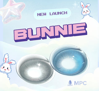 Macro shot of Eyecandys Bunnie Jelly Blue and Milky Ash prescription colored contact lenses showing detailed lens pattern and natural iris design