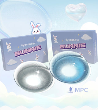 Eyecandys Bunnie contact lens packaging, blue box with playful Bunnie cartoon artwork