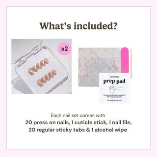 EyeCandys press on nails kit showing 20 reusable nails, cuticle stick, nail file, 10 sticky tabs, and alcohol wipe included in every set.