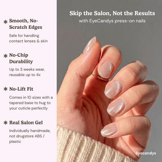 A close-up shows neatly manicured, glossy nude Business Casual Press-On Nails by EyeCandys. Text highlights smooth edges, no-chip durability, a secure no-lift fit, and real salon-quality gel manicure.