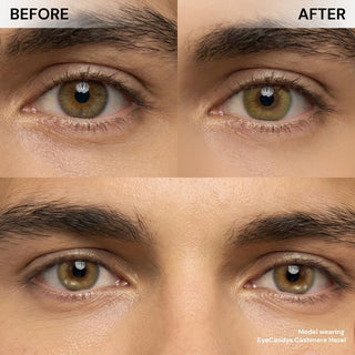EyeCandys Cashmere Hazel contact lens before and after comparison, natural eye color enhancement, best contact lens choice, budget-friendly contact lens price