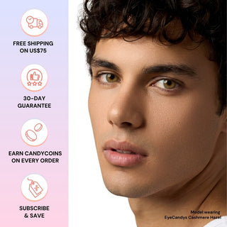 Male model with EyeCandys Cashmere Hazel prescription colored contact lens, soft and natural finish, best contact lens for men, competitive contact lens price