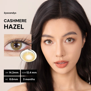 Model with natural makeup wearing EyeCandys Cashmere Hazel prescription colored contact lenses - warm hazel eye color, natural enhancement, comfortable daily wear, trending cosmetic lenses