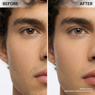 Male model showcasing EyeCandys Cashmere Satin Olive prescription colored contact lens, natural and stylish look, best contact lens choice, contact lens price-friendly